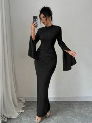 Picture of Women's evening Maxi Dress – Stand Collar, Long Sleeves, solid color