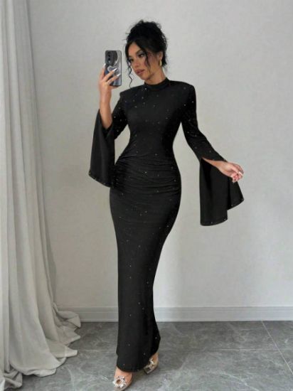 Picture of Women's evening Maxi Dress – Stand Collar, Long Sleeves, solid color