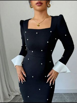 Picture of Women's Elegant Dress – Square Neck, Pearl Décor, High Slit