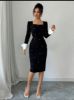 Picture of Women's Elegant Dress – Square Neck, Pearl Décor, High Slit