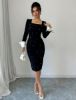 Picture of Women's Elegant Dress – Square Neck, Pearl Décor, High Slit