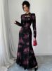 Picture of Women's Midi Dress – Tie Neckline, Long Sleeves, Floral Print
