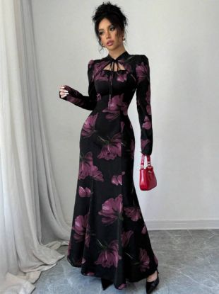 Picture of Women's Midi Dress – Tie Neckline, Long Sleeves, Floral Print