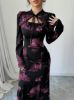 Picture of Women's Midi Dress – Tie Neckline, Long Sleeves, Floral Print