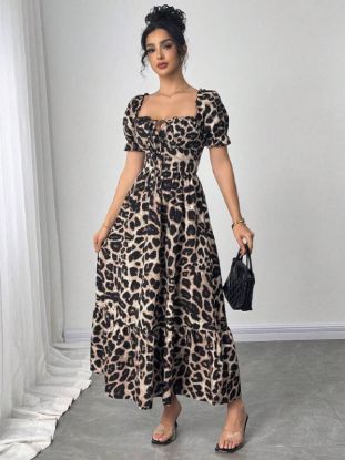 Picture of Chiquease Women's Square Neck Dress with Bow & Leopard Print