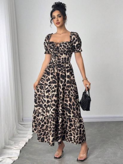 Picture of Women's  Leopard Dress – Square Neck, Bow, Lace-Up Back