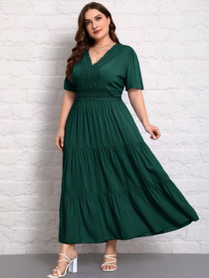 Picture of Women's Plus Size Dress – Solid Color, Lace Patchwork, short sleeves