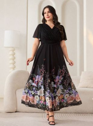 Picture of Women's Plus Size Dress – Floral Print, Ruffle short Sleeves