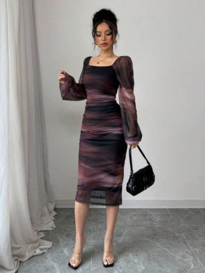 Picture of Women's Long Chiffon Dress – Printed, Long Sleeves
