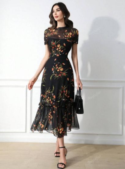 Picture of Women's Maxi Dress – Mesh Neck, Floral Print, short sleeves