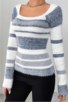Picture of Women’s Knitted Sweater – Autumn & Winter | Slim Fit, Square Neck & Striped Contrast Design