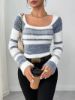 Picture of Women’s Knitted Sweater – Autumn & Winter | Slim Fit, Square Neck & Striped Contrast Design