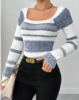 Picture of Women’s Knitted Sweater – Autumn & Winter | Slim Fit, Square Neck & Striped Contrast Design