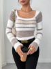 Picture of Women’s Knitted Sweater – Autumn & Winter | Slim Fit, Square Neck & Striped Contrast Design