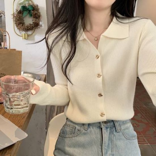 Picture of Women’s Knitted Base Sweater – | Korean Style, Lapel Collar & Long Sleeves