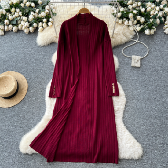 Picture of Women’s 2-Piece Set | Knitted Cardigan & Slim Sleeveless Dress with Metal Buttons