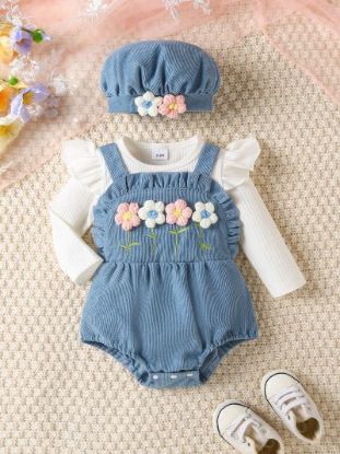 Picture of Baby Girl 2-Piece Set | Corduroy Romper with 3D Flowers & Matching Hat, Sweet & Adorable