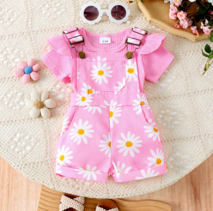 Picture of Girls’ Baby Set – Pure Color Pullover Romper with Printed Sling Pants (Two-Piece Set)