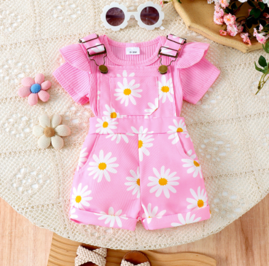 Picture of Girls’ Baby Set – Pure Color Pullover Romper with Printed Sling Pants (Two-Piece Set)