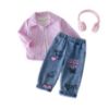 Picture of Korean Style Girls’ Stylish Striped Long-Sleeved Single-Breasted Shirt + Letter Heart Printed Denim Pants Set