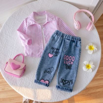 Picture of Korean Style Girls’ Stylish Striped Long-Sleeved Single-Breasted Shirt + Letter Heart Printed Denim Pants Set