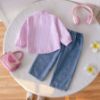 Picture of Korean Style Girls’ Stylish Striped Long-Sleeved Single-Breasted Shirt + Letter Heart Printed Denim Pants Set