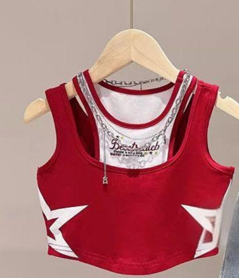 Picture of Girls’ Summer Outfit Set – Trendy Vest and Denim Shorts, Two-Piece Summer Set