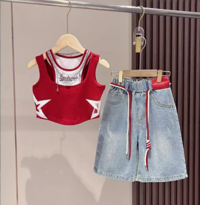 Picture of Girls’ Summer Outfit Set – Trendy Vest and Denim Shorts, Two-Piece Summer Set