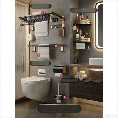 Picture of 5-Piece Bathroom Hardware Set – Black & Gold Shelves, No Drilling Required