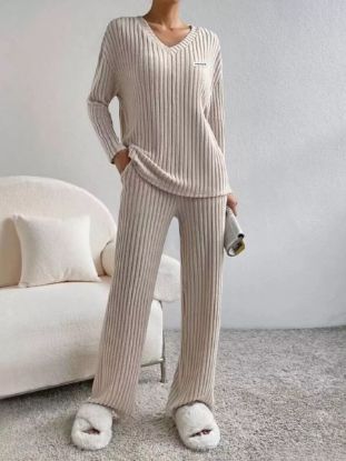 Picture of Women’s Autumn Two-Piece Set – Straight-Cut Pants with V-Neck Striped Knitted Top