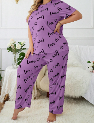 Picture of Women’s Plus-Size Pajama Set – Heart Pattern Round-Neck Short-Sleeve Top & Long Pants