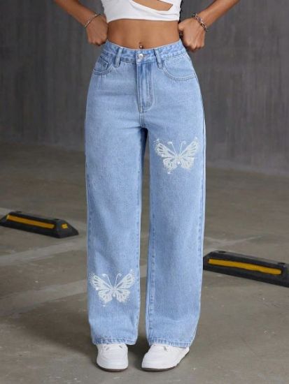 Picture of Women’s Rhinestone Butterfly Jeans – Slim-Fit Straight-Cut Long Pants