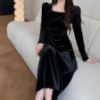 Picture of Women’s Autumn/Winter Gold Velvet Dress – Square Neck Slim-Fit Long Sleeve Hip-Covering Style