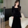 Picture of Women’s Autumn/Winter Gold Velvet Dress – Square Neck Slim-Fit Long Sleeve Hip-Covering Style