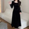 Picture of Women’s Autumn/Winter Gold Velvet Dress – Square Neck Slim-Fit Long Sleeve Hip-Covering Style