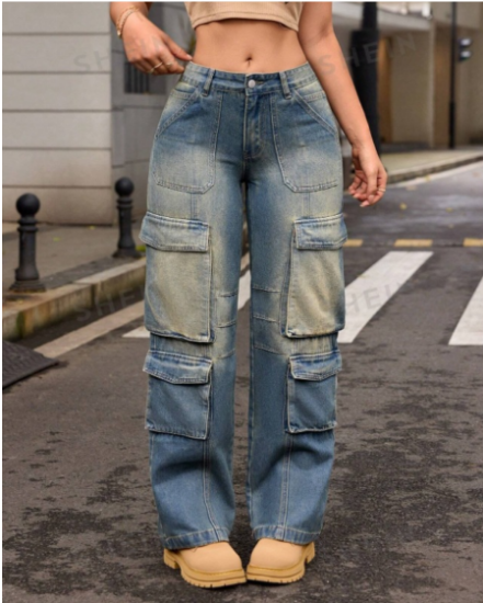 Picture of Heavy-Duty Vintage Retro Washed Street Cargo Jeans – Slim-Fit Straight-Cut Multi-Pocket Work Pants