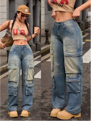 Picture of Heavy-Duty Vintage Retro Washed Street Cargo Jeans – Slim-Fit Straight-Cut Multi-Pocket Work Pants