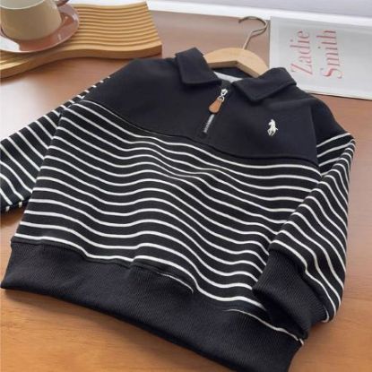 Picture of Children’s Autumn Hoodie – Unisex Zippered Polo Collar Striped Patchwork Long-Sleeve Top