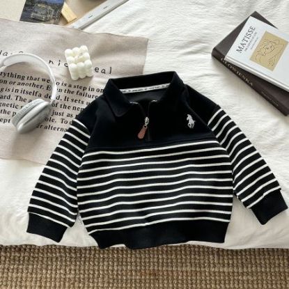 Picture of Children’s Autumn Hoodie – Unisex Zippered Polo Collar Striped Patchwork Long-Sleeve Top