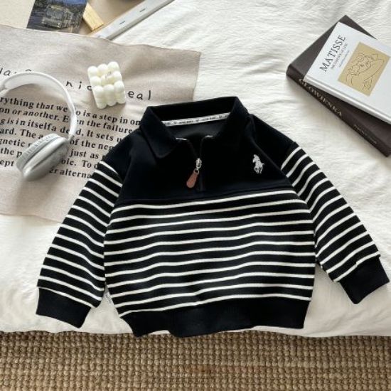 Picture of Children’s Autumn Hoodie – Unisex Zippered Polo Collar Striped Patchwork Long-Sleeve Top