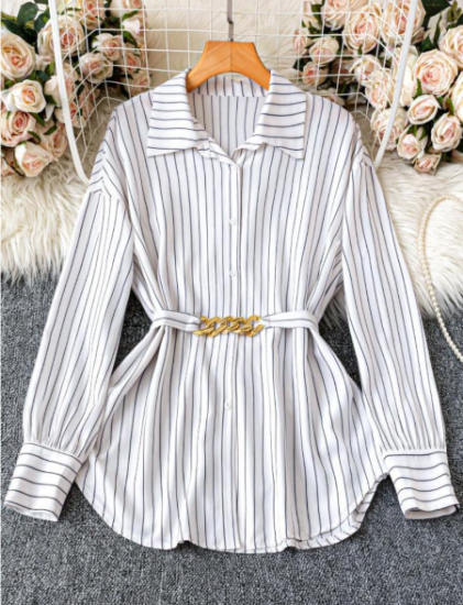 Picture of Women’s Fashion Shirt – Spring/Autumn Casual Loose Single-Breasted with Belt & Hardware Decoration