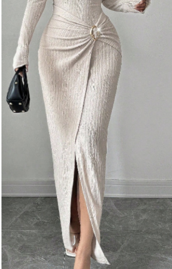 Picture of Women’s Autumn/Winter Fashion Dress – Solid Color Geometric Sloping Collar, Bodycon Waist-Cinching Long-Sleeve Slit Dress