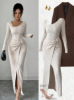 Picture of Women’s Autumn/Winter Fashion Dress – Solid Color Geometric Sloping Collar, Bodycon Waist-Cinching Long-Sleeve Slit Dress