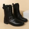 Picture of Women’s Boots – Round Toe Thick Heel Lace-Up Solid Color Low-Cut Martin Boots with Side Zipper