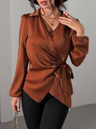Picture of Women's Metallic Fabric Blouse with Side Tie & Puff Long Sleeves