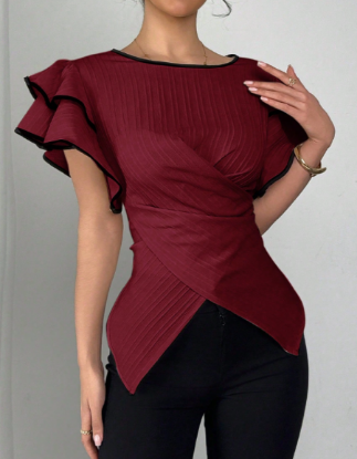 Picture of Women’s Blouse with Double-Layer Ruffle short Sleeves & Waist Tie