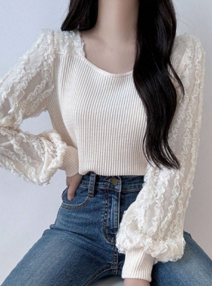 Picture of Women’s Elegant Contrast Lace Lantern Long Sleeve T-Shirt