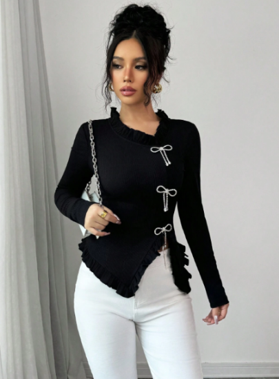 Picture of Women’s Elegant T-Shirt with Rhinestone & Bow Details , long sleeves