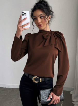 Picture of Women’s Elegant Solid Blouse with Bow Collar & Puff Sleeves
