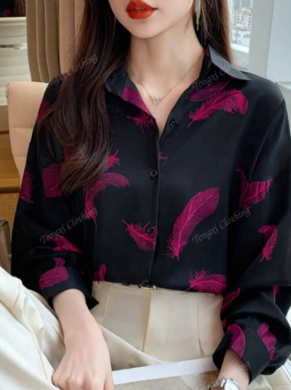 Picture of Elegant Women’s Shirt with Feather Pattern & Long Sleeves